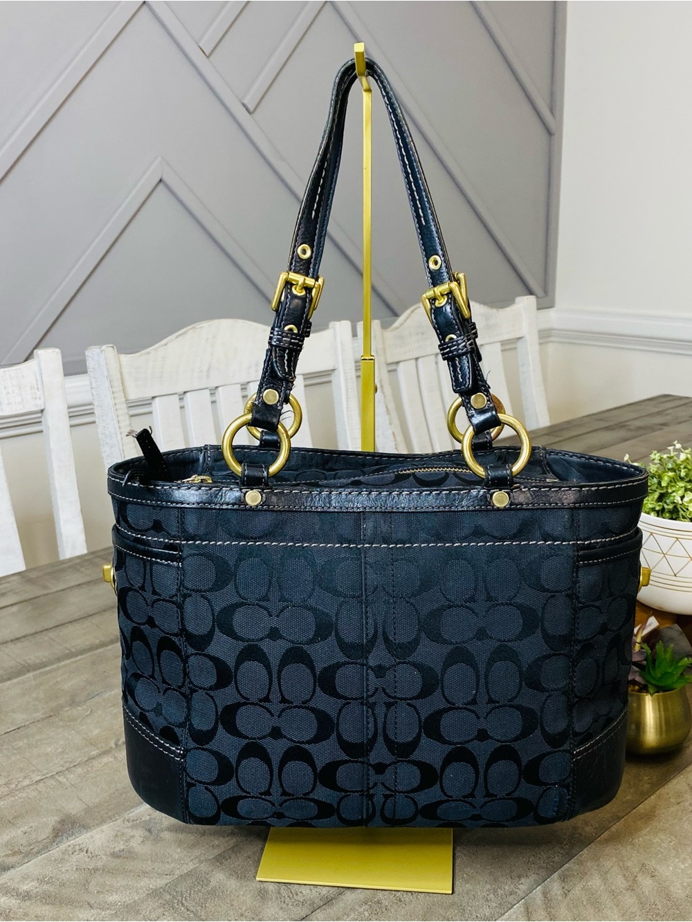 COACH Black Signature Jacquard Gallery Tote Shoulder Bag Gold Hardware